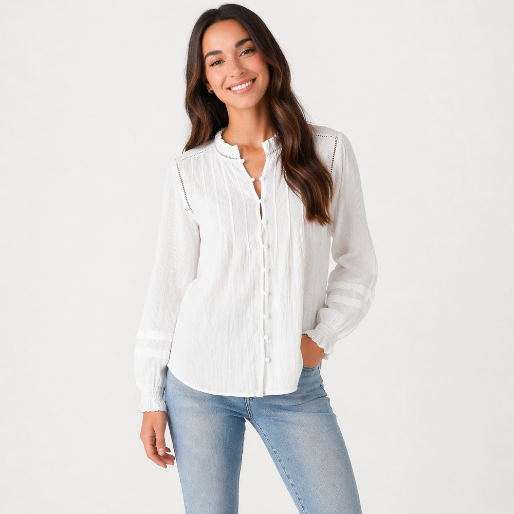 FAHERTY Willa Long Sleeve Cotton Boho Peasant Top Women's Size Small‎ Semi Sheer